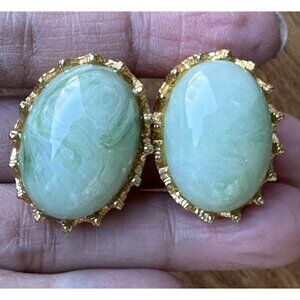 VTG Blair Delmonico Earrings 1" Clips Gold Plate Green Glass Cabs Swirled Signed